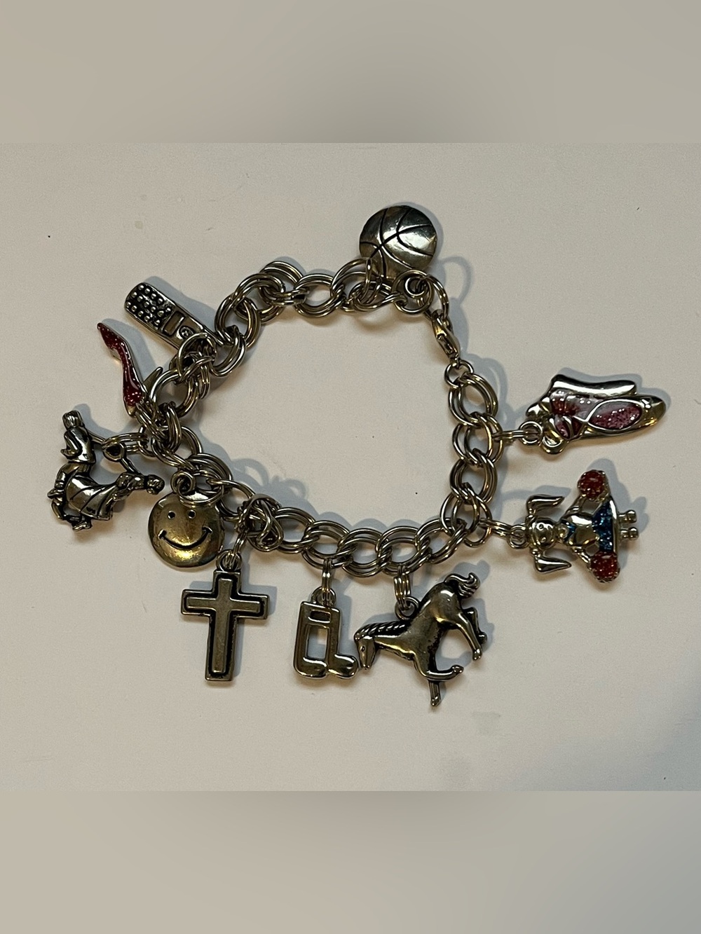 Vintage Girls Silver Tone Charm Bracelet with Cross, Horse & Playful 10 Charms